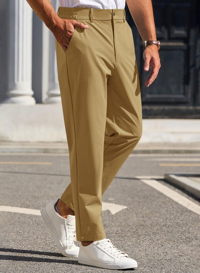 Runcati Mens Stretch Golf Pants Casual Slim Fit Dress Pants Elastic Waist Tapered Work Cropped Trousers Brown - Image 2